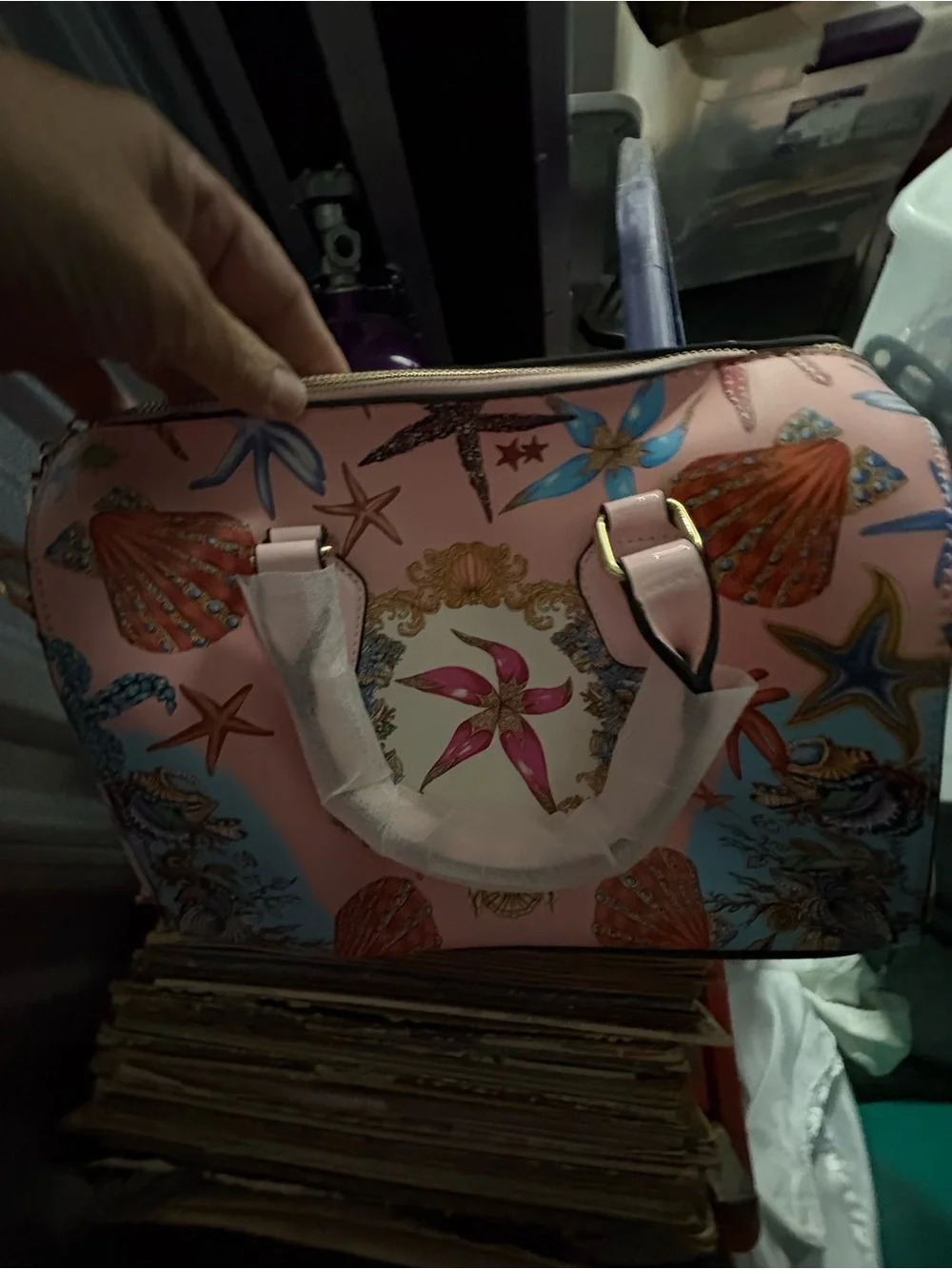 Seashell-Print Pink Satchel with Gold Accents